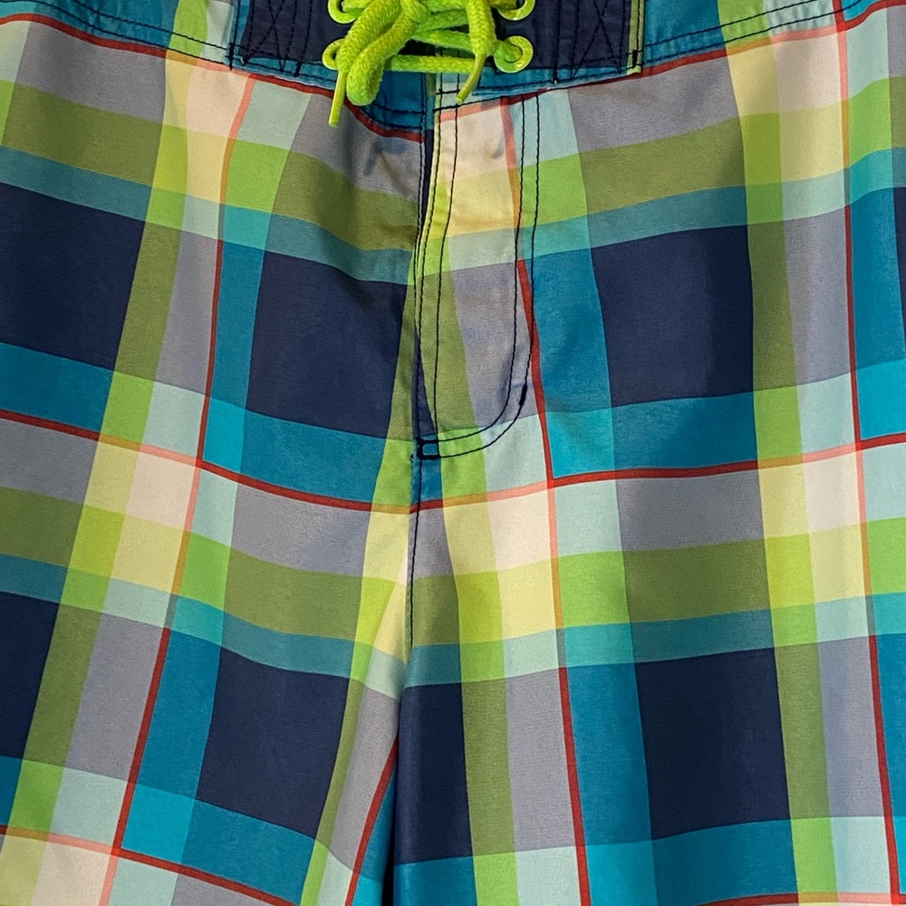 Hollister Boardshorts Swim Trunks Men's Size Large Blue Neon Green Plaid Unlined - Picture 2 of 12